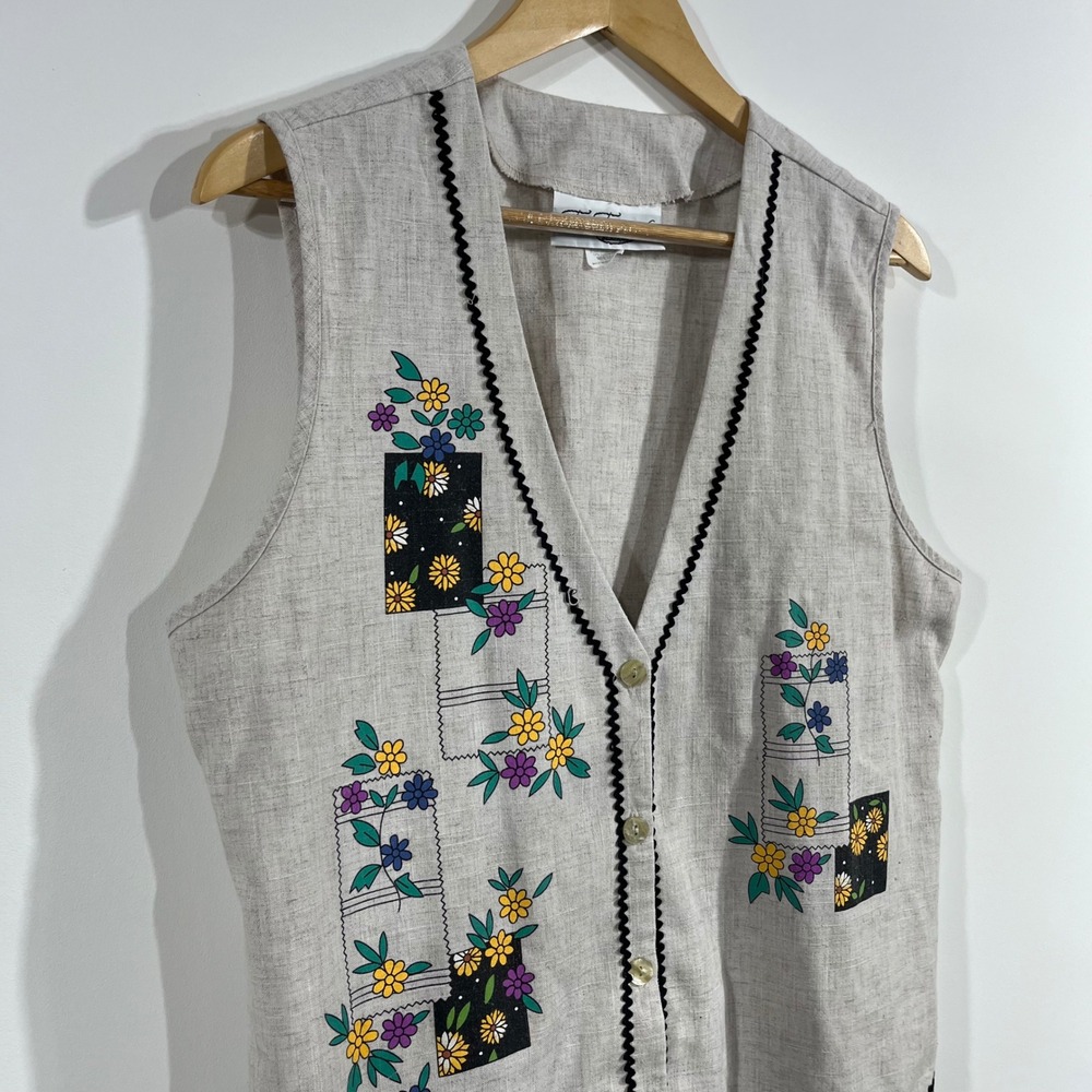Vintage Cottagecore Granny Boho Floral Linen Blend Vest Womens Large Whimsical - Picture 2 of 8